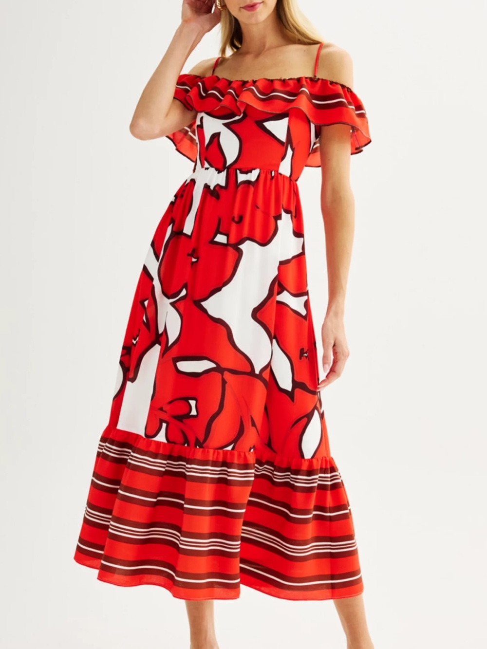 Nine West Red and White One-Shoulder Floral Midi Dress